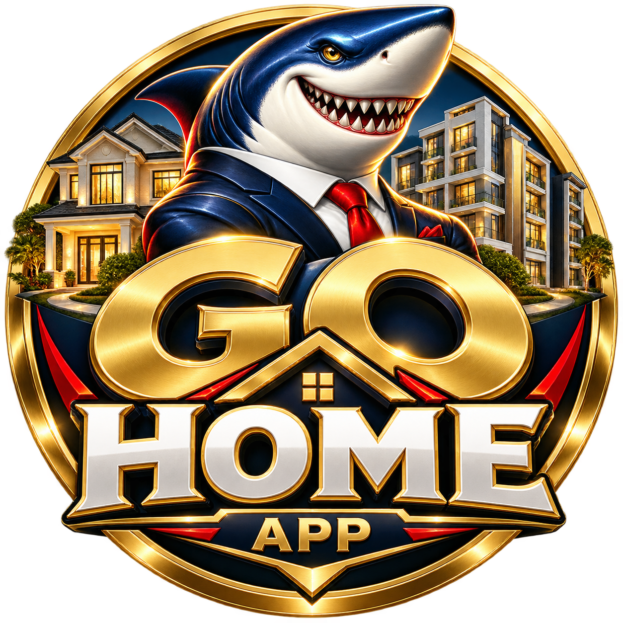 Logo de GO Home App, tiburón con casas y apartamentos